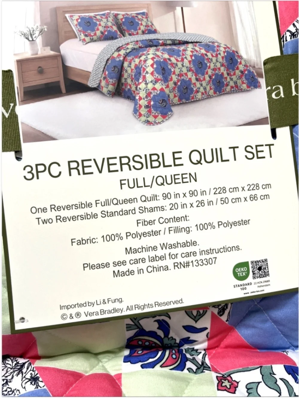 Vera Bradley Full Queen Quilt Set 3PC Reversible Floral Patchwork Blue Green NWT